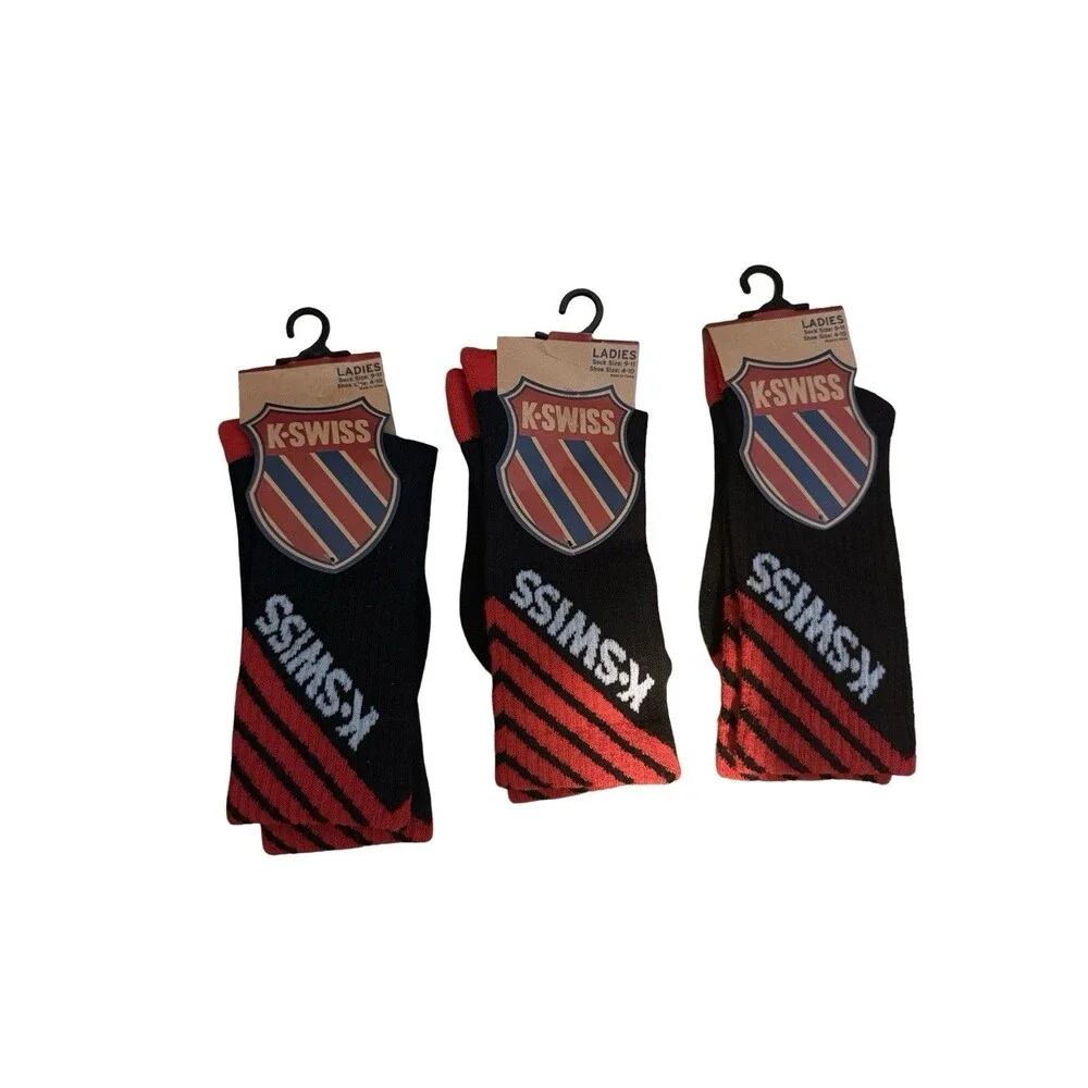 K Swiss Crew Socks Lot 3 Ladies 4-10 Black Red Athletic Sport NWT